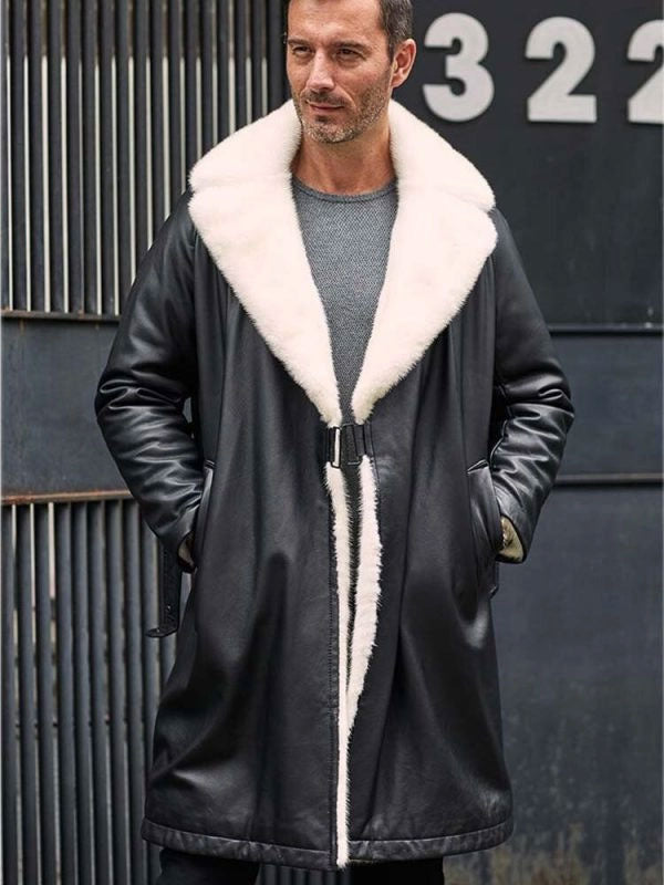 Men’s Winter Shearling Fur Black Leather Long Trench Coat