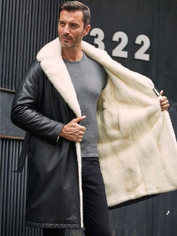 Men’s Winter Shearling Fur Black Leather Long Trench Coat