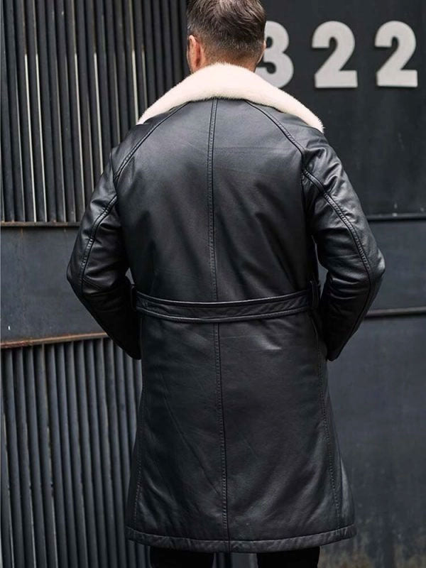 Men’s Winter Shearling Fur Black Leather Long Trench Coat