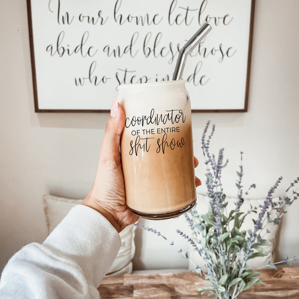 Shit Show Coordinator 17oz Glass Tumbler With Bamboo Lid, 2 Stainless Straws