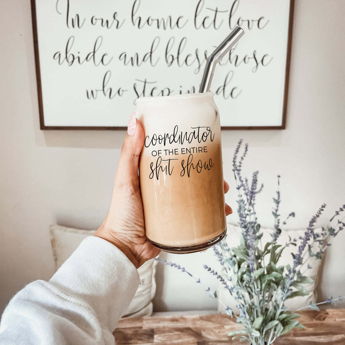 Shit Show Coordinator 17oz Glass Tumbler With Bamboo Lid, 2 Stainless Straws