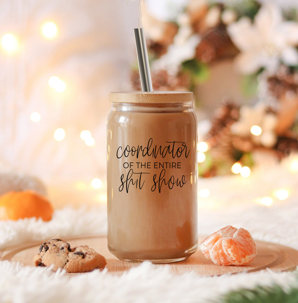 Shit Show Coordinator 17oz Glass Tumbler With Bamboo Lid, 2 Stainless Straws