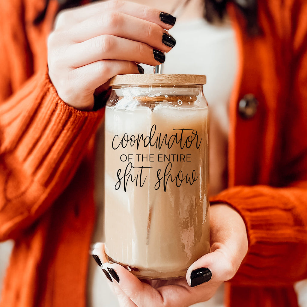 Shit Show Coordinator 17oz Glass Tumbler With Bamboo Lid, 2 Stainless Straws