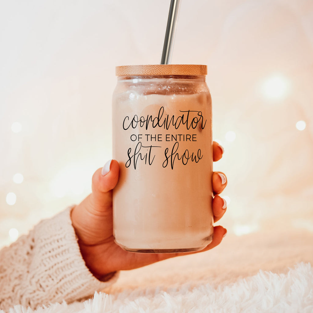 Shit Show Coordinator 17oz Glass Tumbler With Bamboo Lid, 2 Stainless Straws