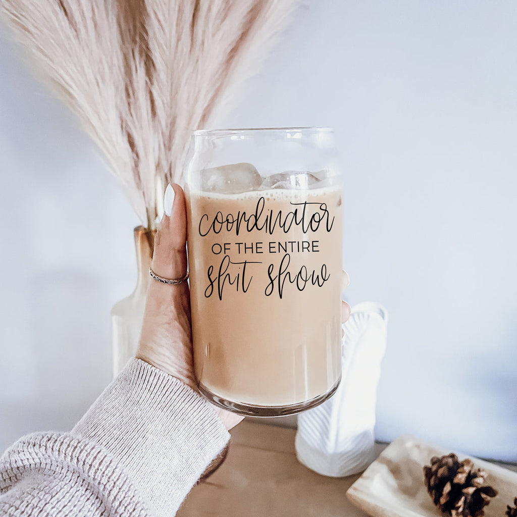 Shit Show Coordinator 17oz Glass Tumbler With Bamboo Lid, 2 Stainless Straws