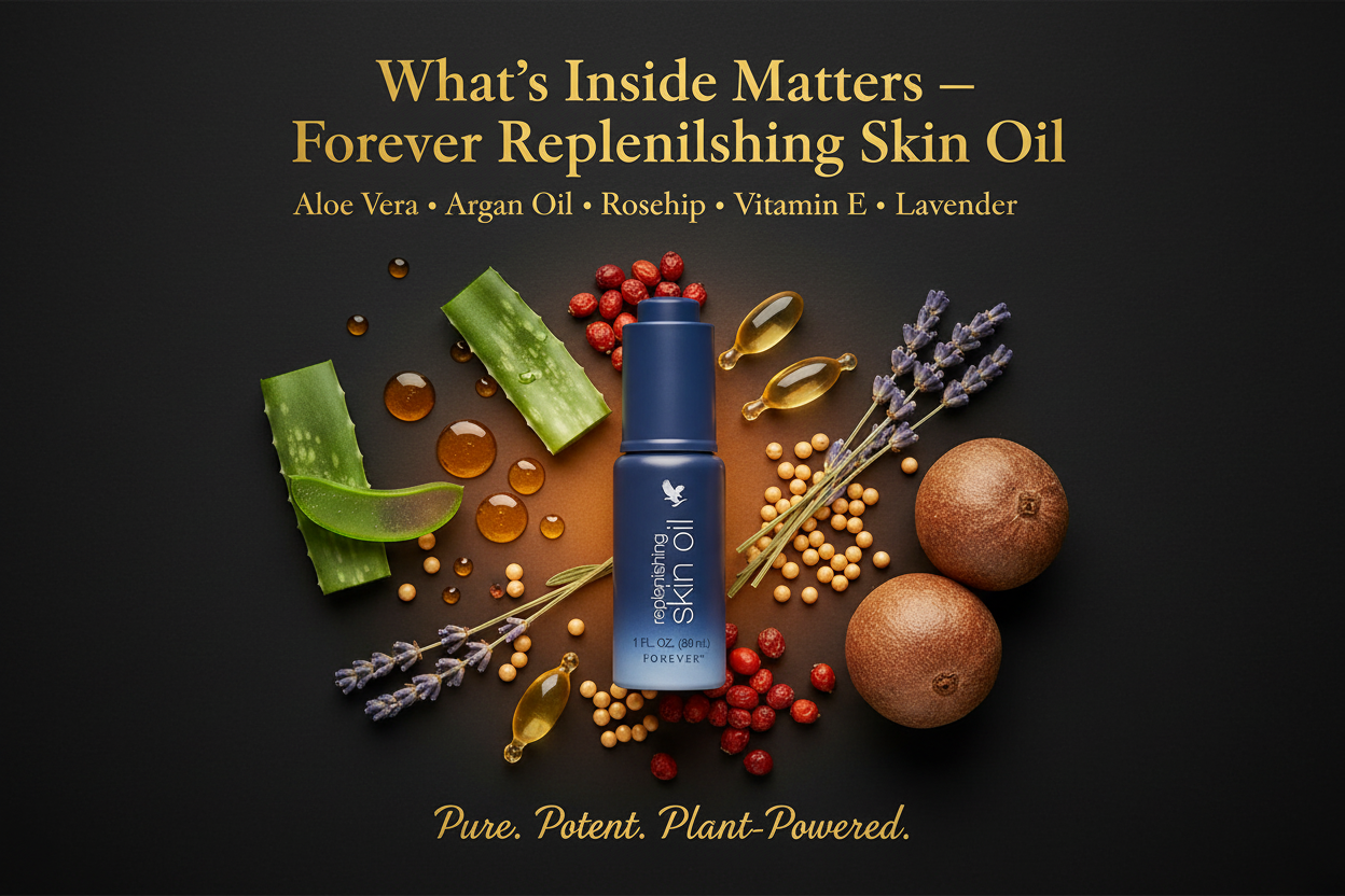 forever living Replenishing skin oil supports smoother looking skin and restores moisture with this light silicone-free fluid containing retinol and a blend of vitamin E aloe vera and borage seed oil.