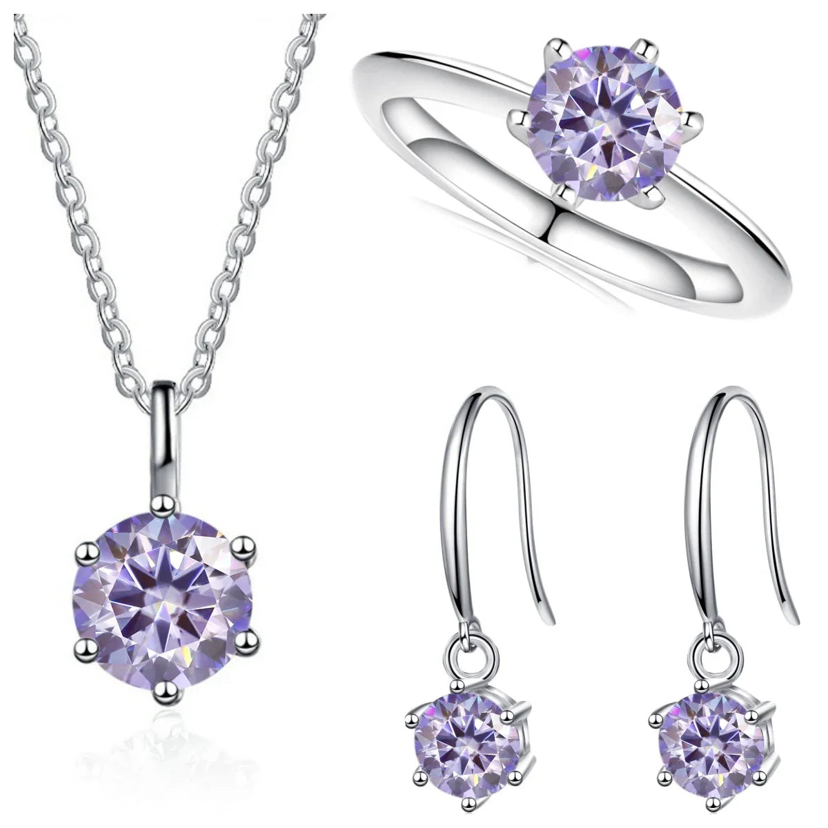 Colored Moissanite Necklace, Drop Earrings & Ring Set in Silver