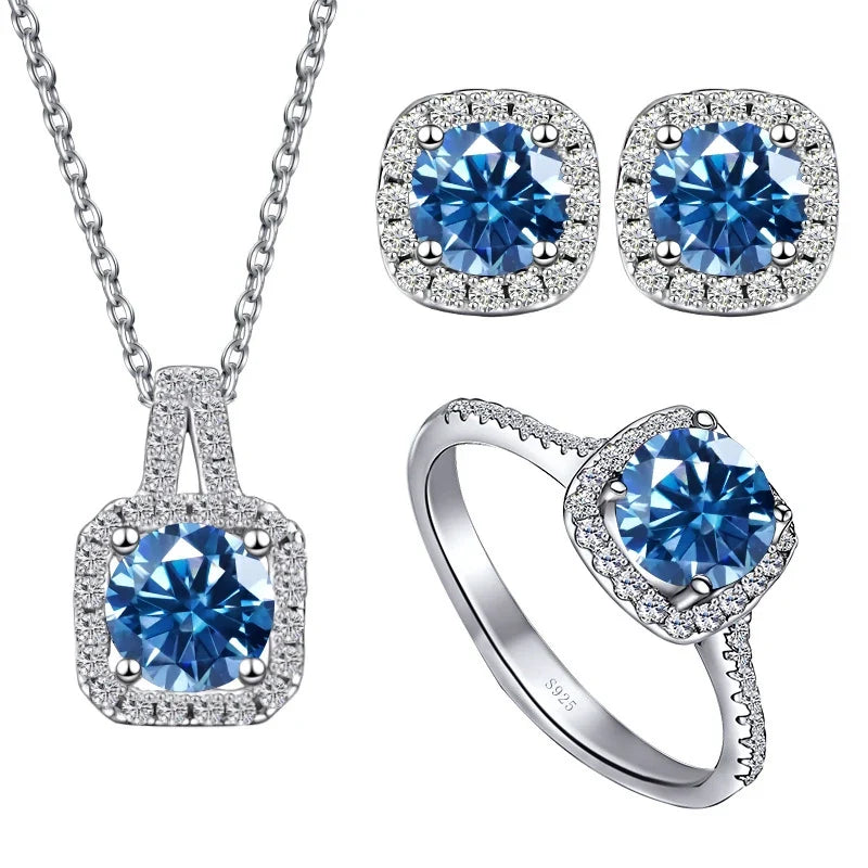 Colored Cushion Halo Moissanite Necklace, Earrings & Ring Set