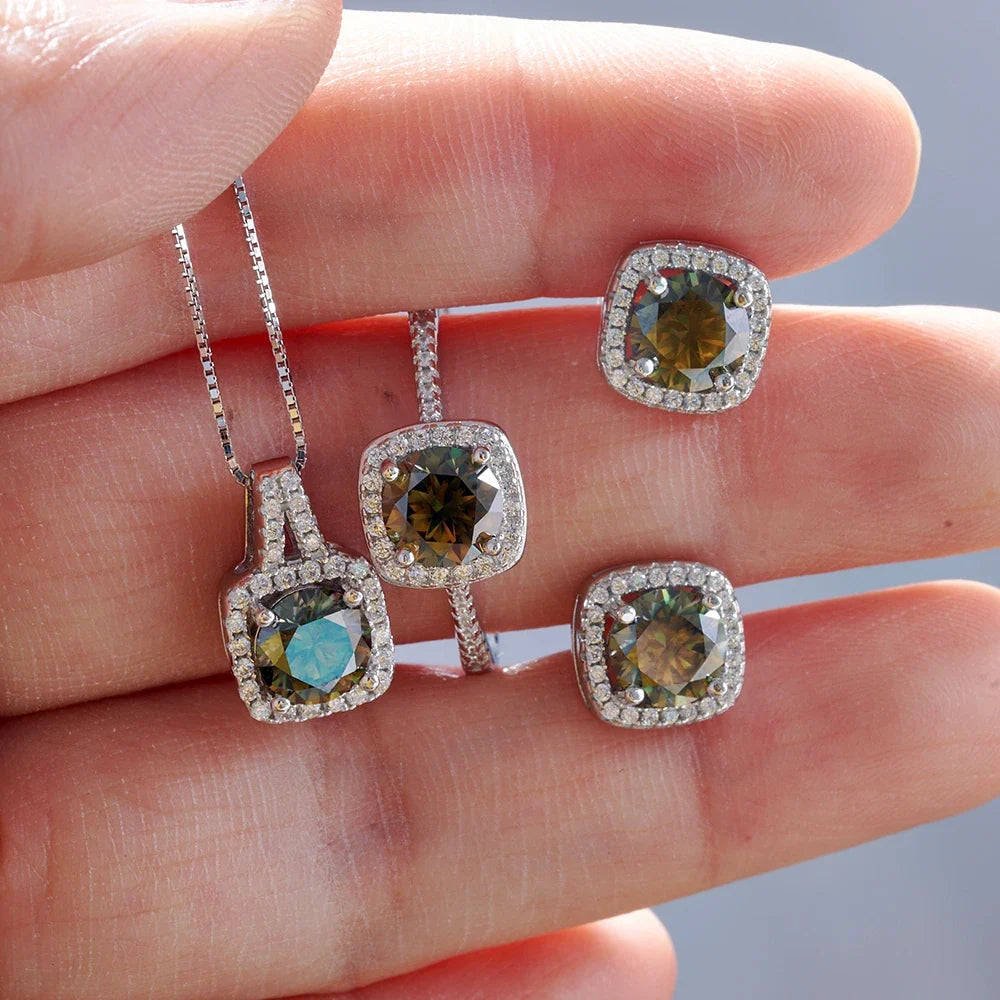 Colored Cushion Halo Moissanite Necklace, Earrings & Ring Set