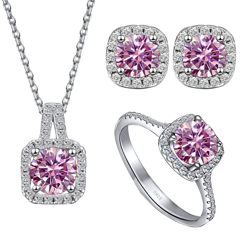 Colored Cushion Halo Moissanite Necklace, Earrings & Ring Set