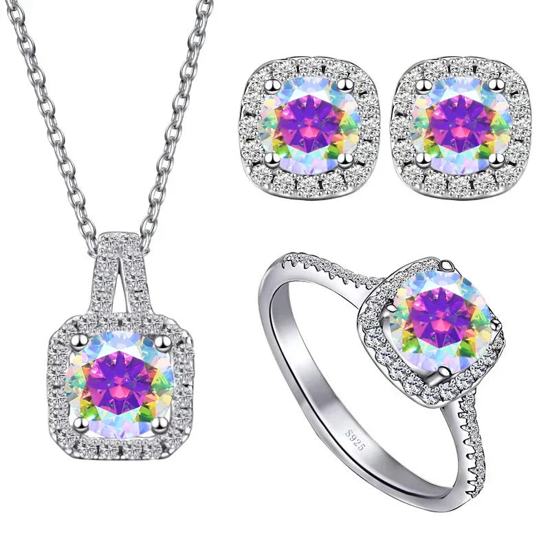 Colored Cushion Halo Moissanite Necklace, Earrings & Ring Set