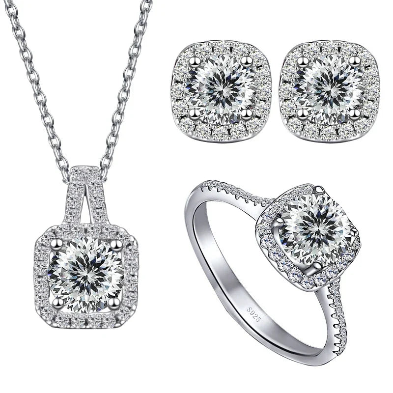 Colored Cushion Halo Moissanite Necklace, Earrings & Ring Set