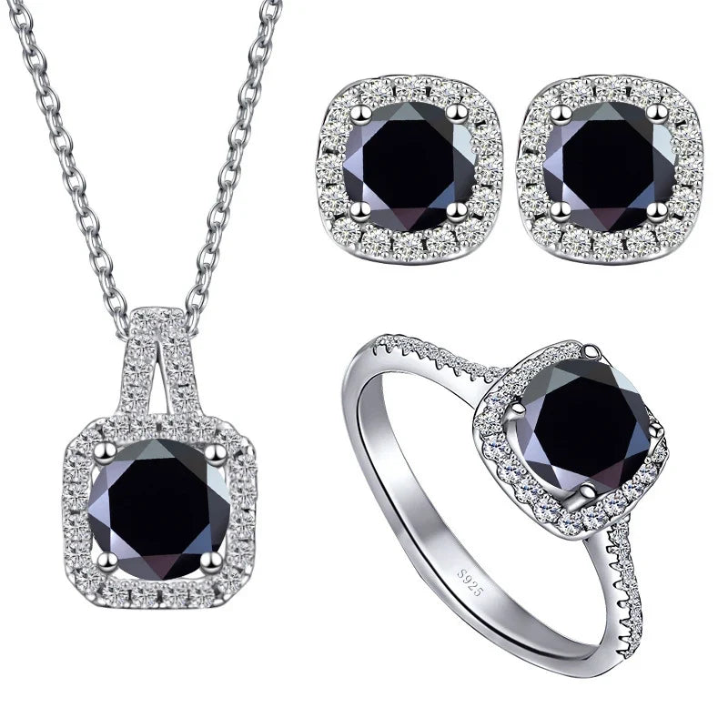 Colored Cushion Halo Moissanite Necklace, Earrings & Ring Set