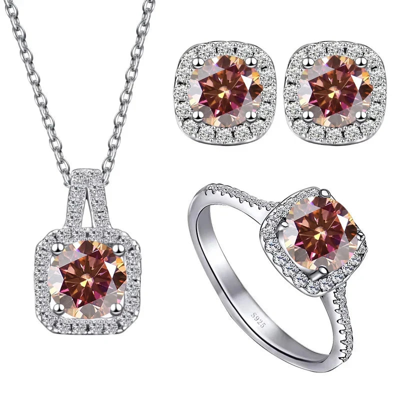 Colored Cushion Halo Moissanite Necklace, Earrings & Ring Set