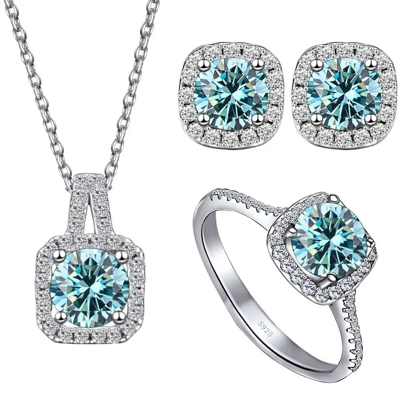 Colored Cushion Halo Moissanite Necklace, Earrings & Ring Set
