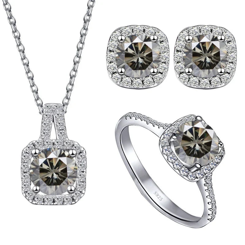 Colored Cushion Halo Moissanite Necklace, Earrings & Ring Set