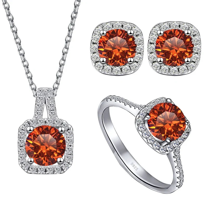 Colored Cushion Halo Moissanite Necklace, Earrings & Ring Set