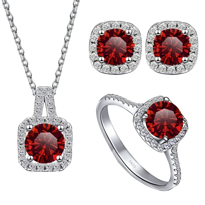 Colored Cushion Halo Moissanite Necklace, Earrings & Ring Set
