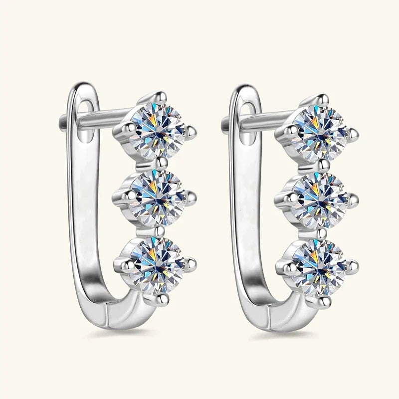 Three-Stone Moissanite Leverback Hoop Earrings in Sterling Silver