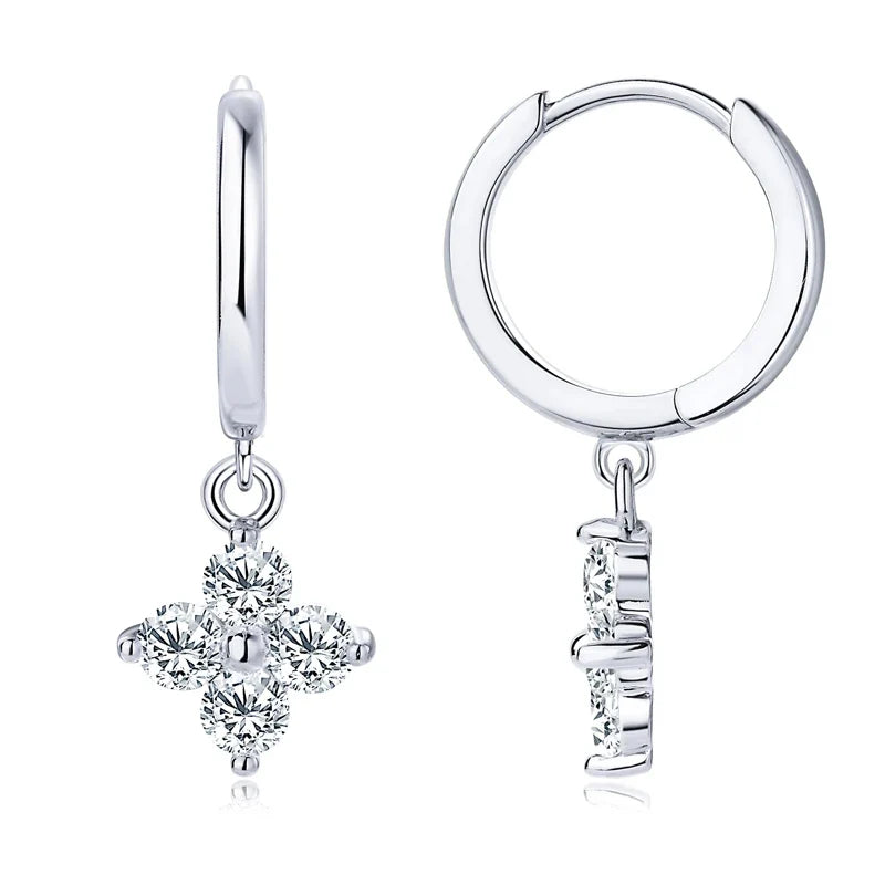 Clover Moissanite Hoop Drop Earrings in Sterling Silver