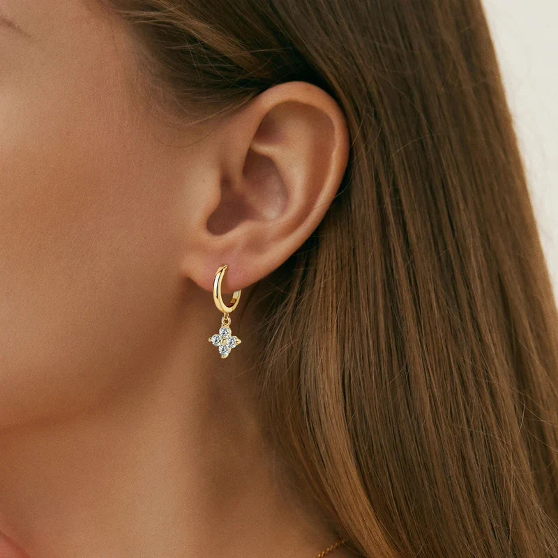 Clover Moissanite Hoop Drop Earrings in Sterling Silver