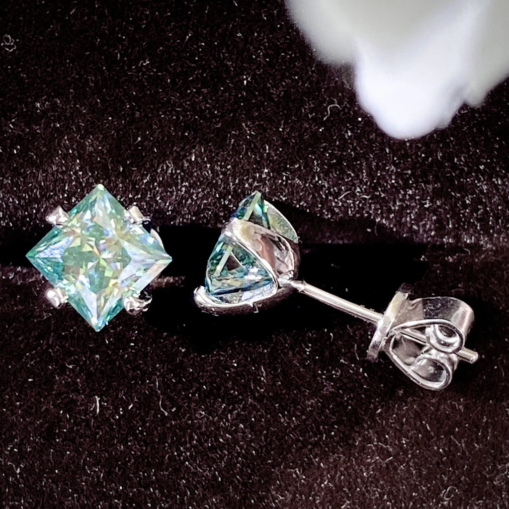 Colorful Princess-Cut Moissanite Stud Earrings in Sterling Silver