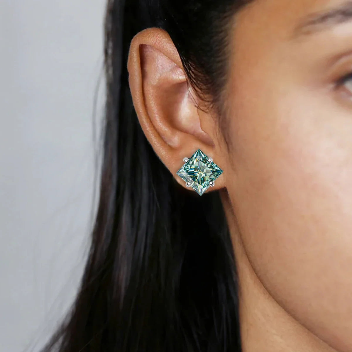 Colorful Princess-Cut Moissanite Stud Earrings in Sterling Silver
