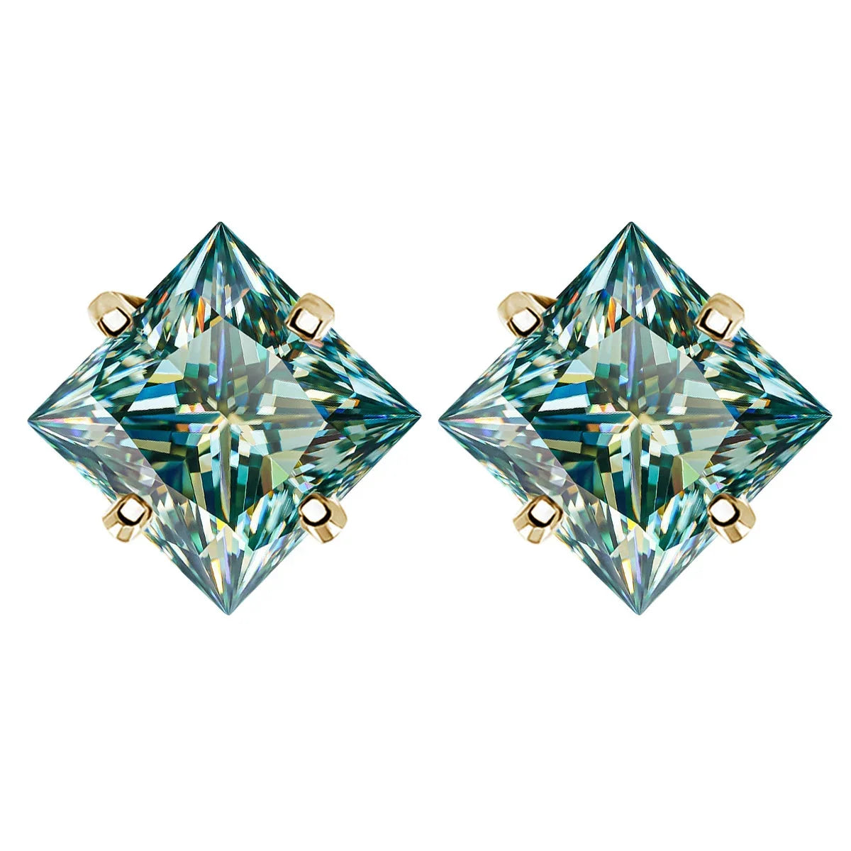 Colorful Princess-Cut Moissanite Stud Earrings in Sterling Silver