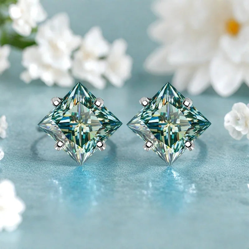 Colorful Princess-Cut Moissanite Stud Earrings in Sterling Silver