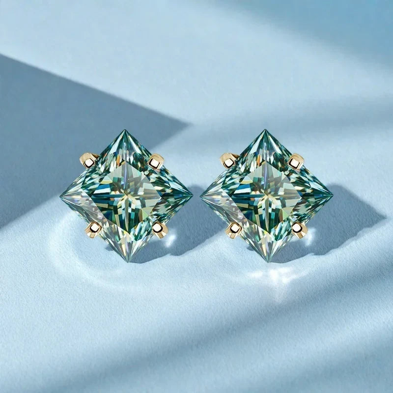 Colorful Princess-Cut Moissanite Stud Earrings in Sterling Silver
