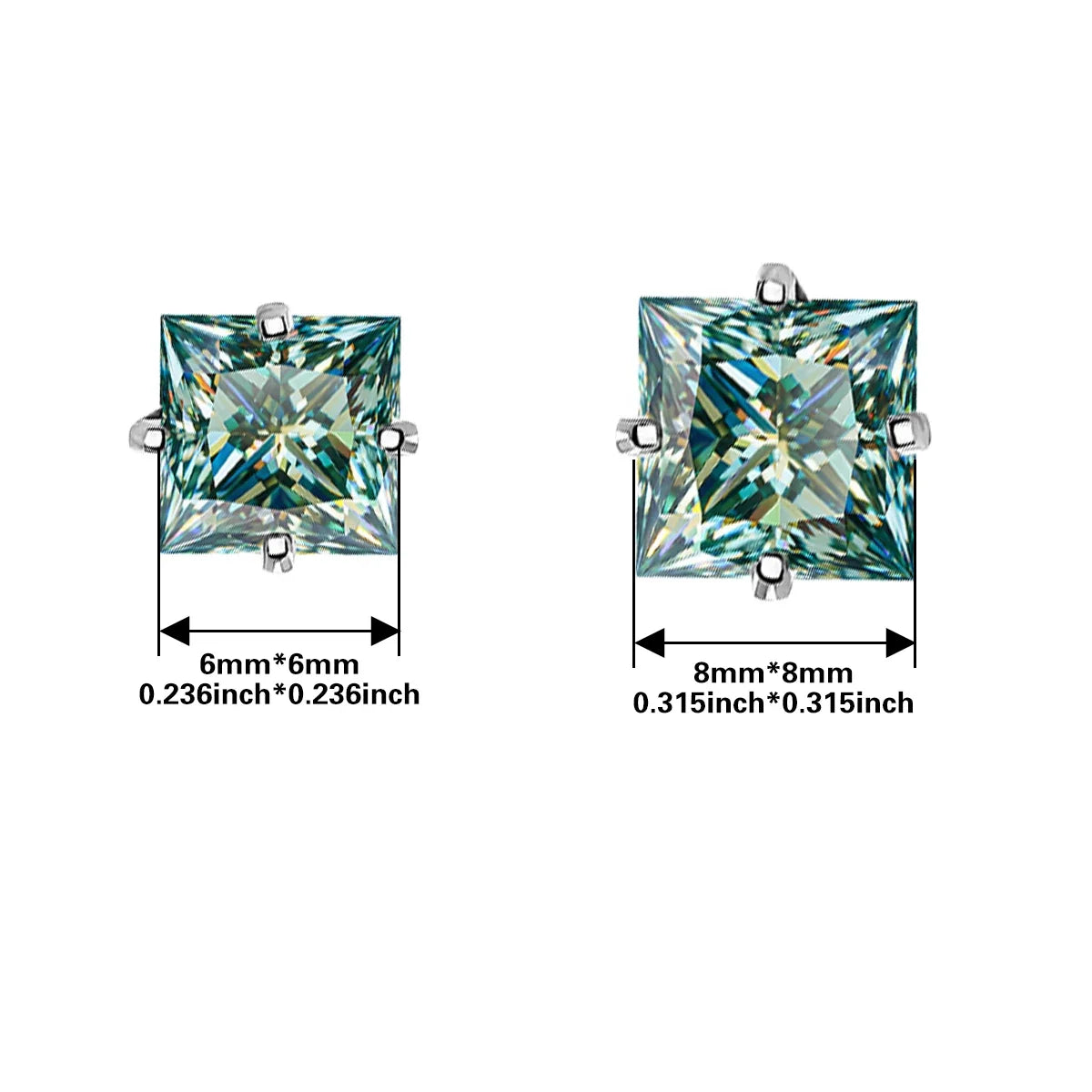 Colorful Princess-Cut Moissanite Stud Earrings in Sterling Silver