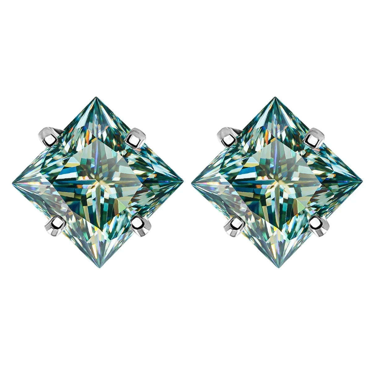 Colorful Princess-Cut Moissanite Stud Earrings in Sterling Silver