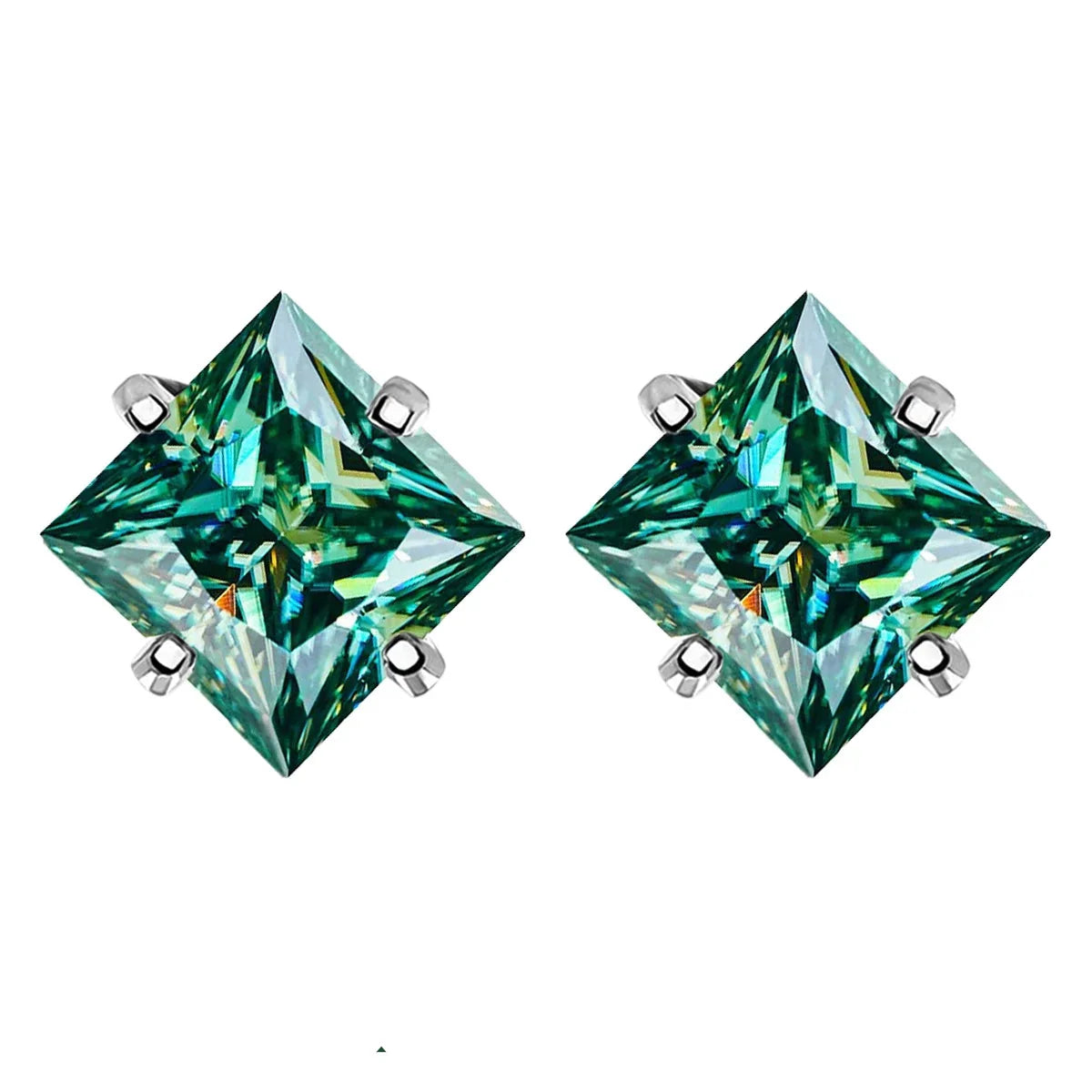 Colorful Princess-Cut Moissanite Stud Earrings in Sterling Silver
