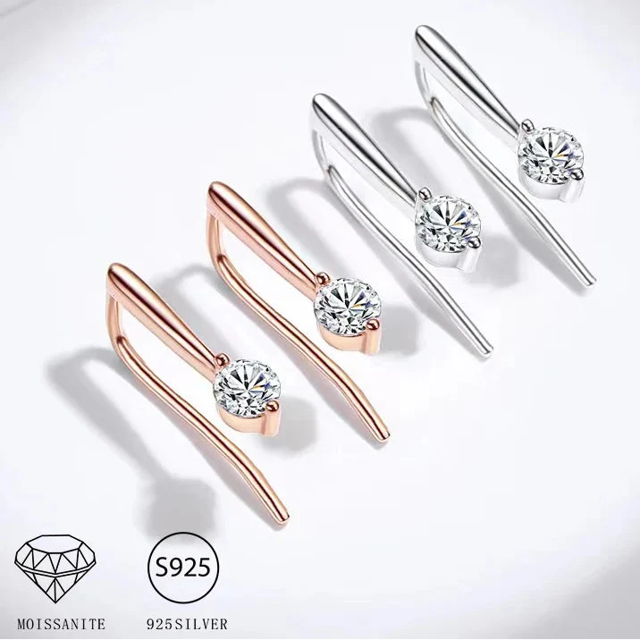 Round Moissanite Long-Hook Drop Earrings in Sterling Silver