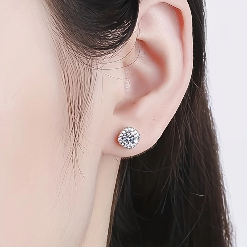 Colored Cushion Halo Moissanite Stud Earrings in Silver
