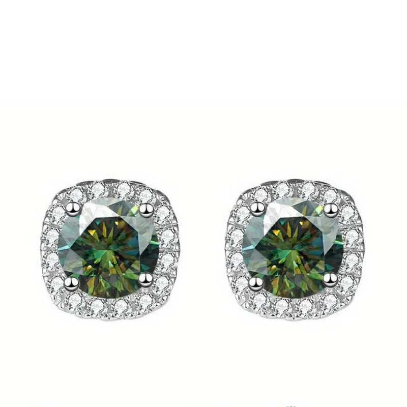 Colored Cushion Halo Moissanite Stud Earrings in Silver