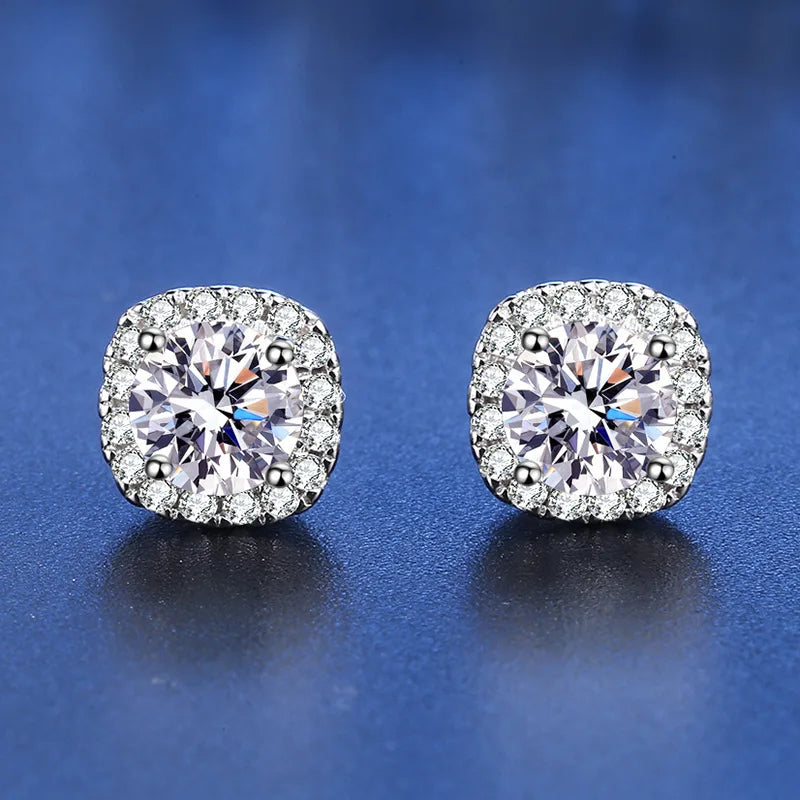 Colored Cushion Halo Moissanite Stud Earrings in Silver
