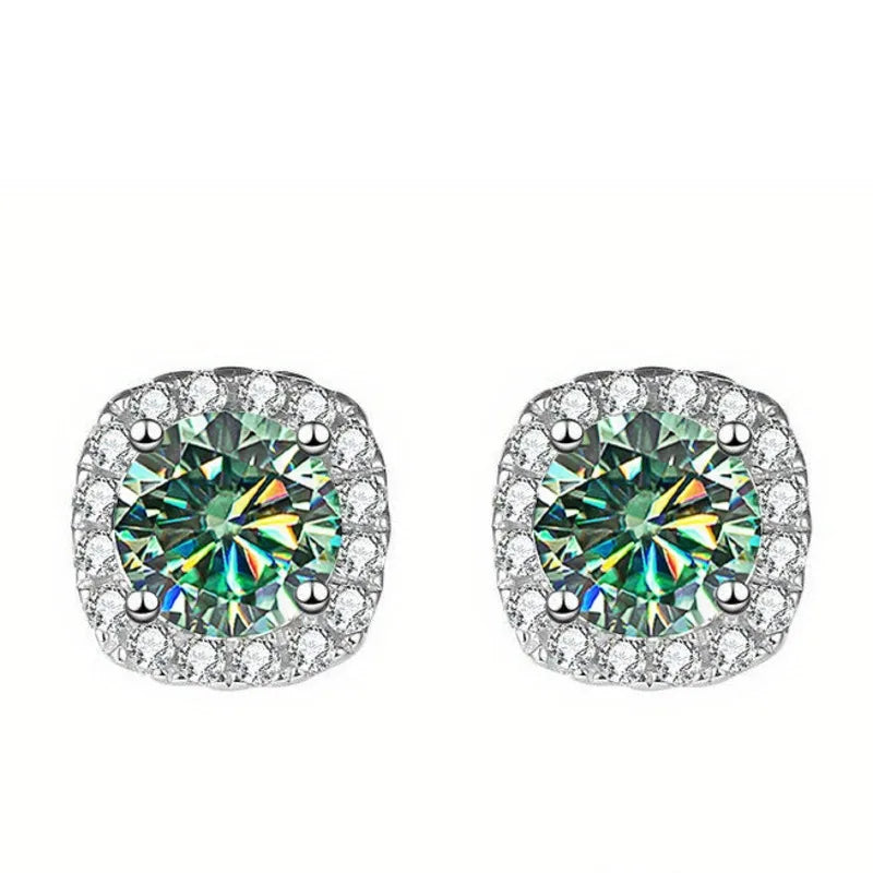 Colored Cushion Halo Moissanite Stud Earrings in Silver
