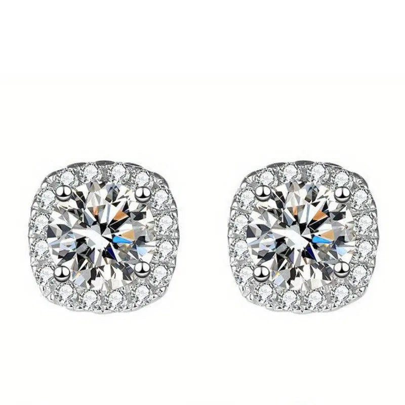Colored Cushion Halo Moissanite Stud Earrings in Silver
