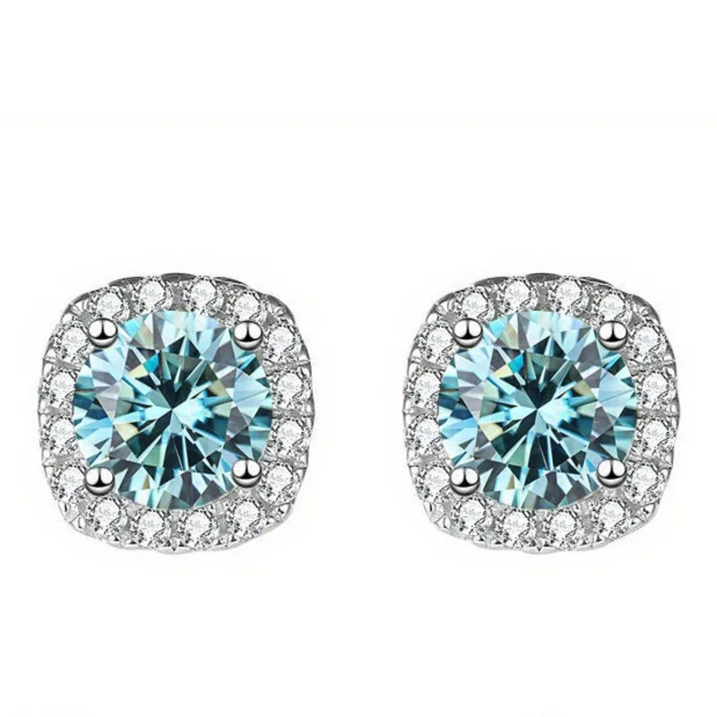 Colored Cushion Halo Moissanite Stud Earrings in Silver