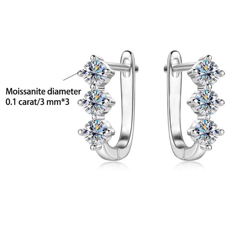 Three-Stone Moissanite Leverback Hoop Earrings in Sterling Silver