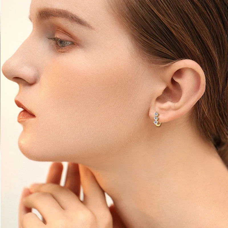 Three-Stone Moissanite Leverback Hoop Earrings in Sterling Silver