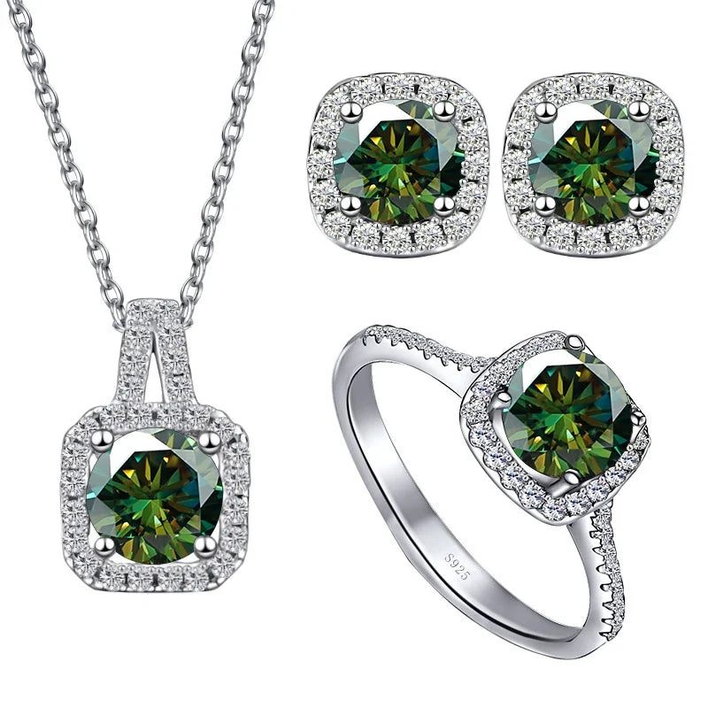 Colored Cushion Halo Moissanite Necklace, Earrings & Ring Set