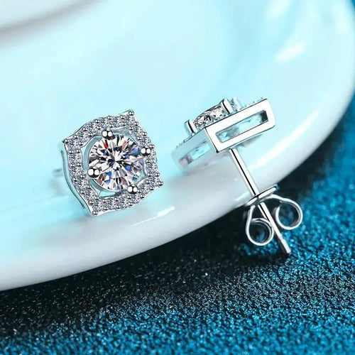 1 ct Moissanite Cushion Halo Stud Earrings in Sterling Silver