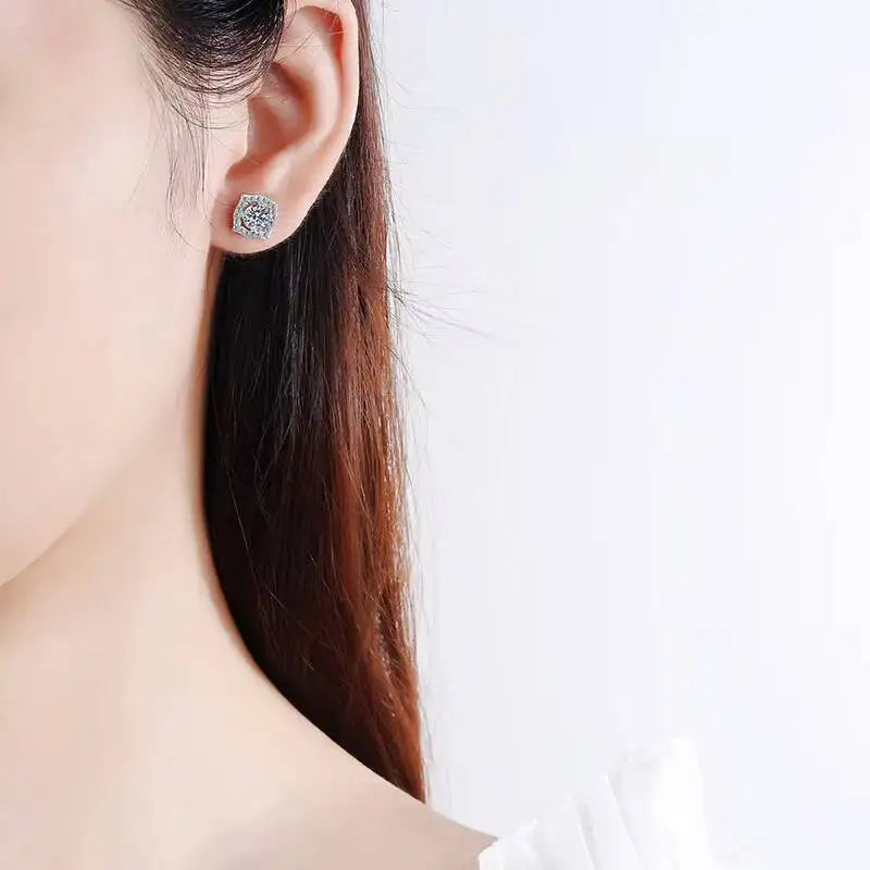 1 ct Moissanite Cushion Halo Stud Earrings in Sterling Silver