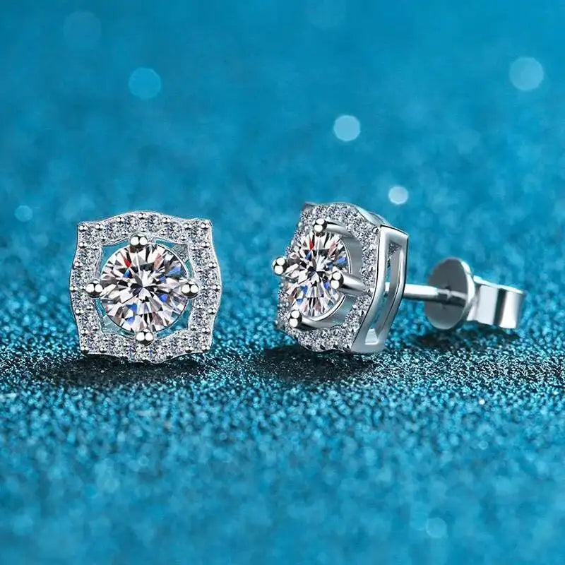 1 ct Moissanite Cushion Halo Stud Earrings in Sterling Silver