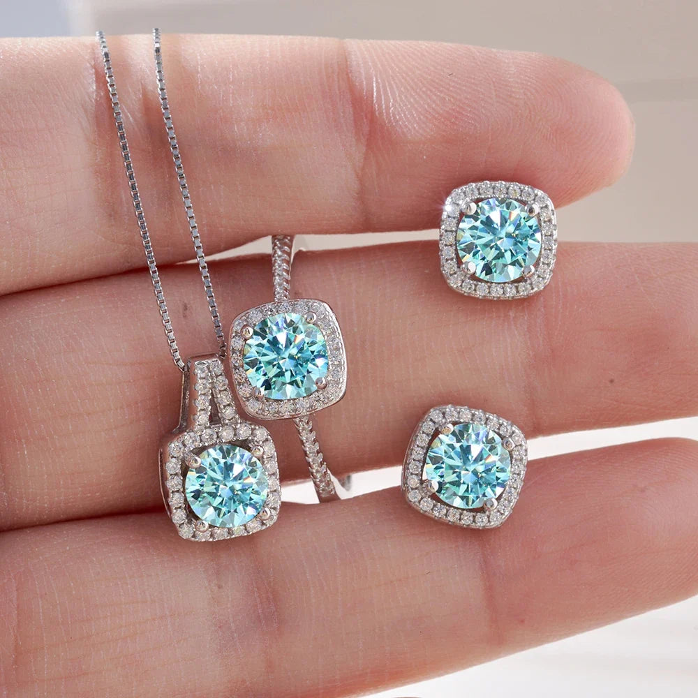 Colored Cushion Halo Moissanite Necklace, Earrings & Ring Set