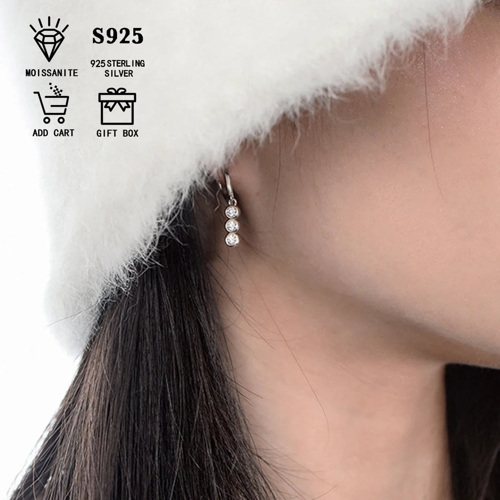 Three-Stone Moissanite Hoop Drop Earrings in Sterling Silver