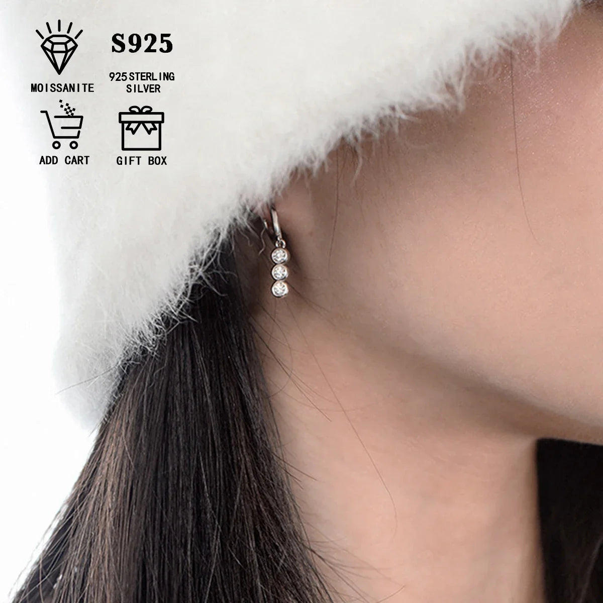 Three-Stone Moissanite Hoop Drop Earrings in Sterling Silver