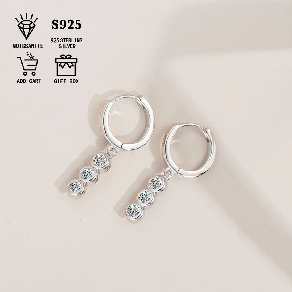 Three-Stone Moissanite Hoop Drop Earrings in Sterling Silver